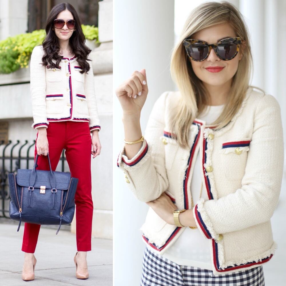J.Crew Lady Jacket Blazer Tweed Cropped Fringe Fringy White Red Navy Blue Size 6 - Picture 2 of 13